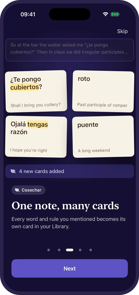 Four flashcards created from one voice note